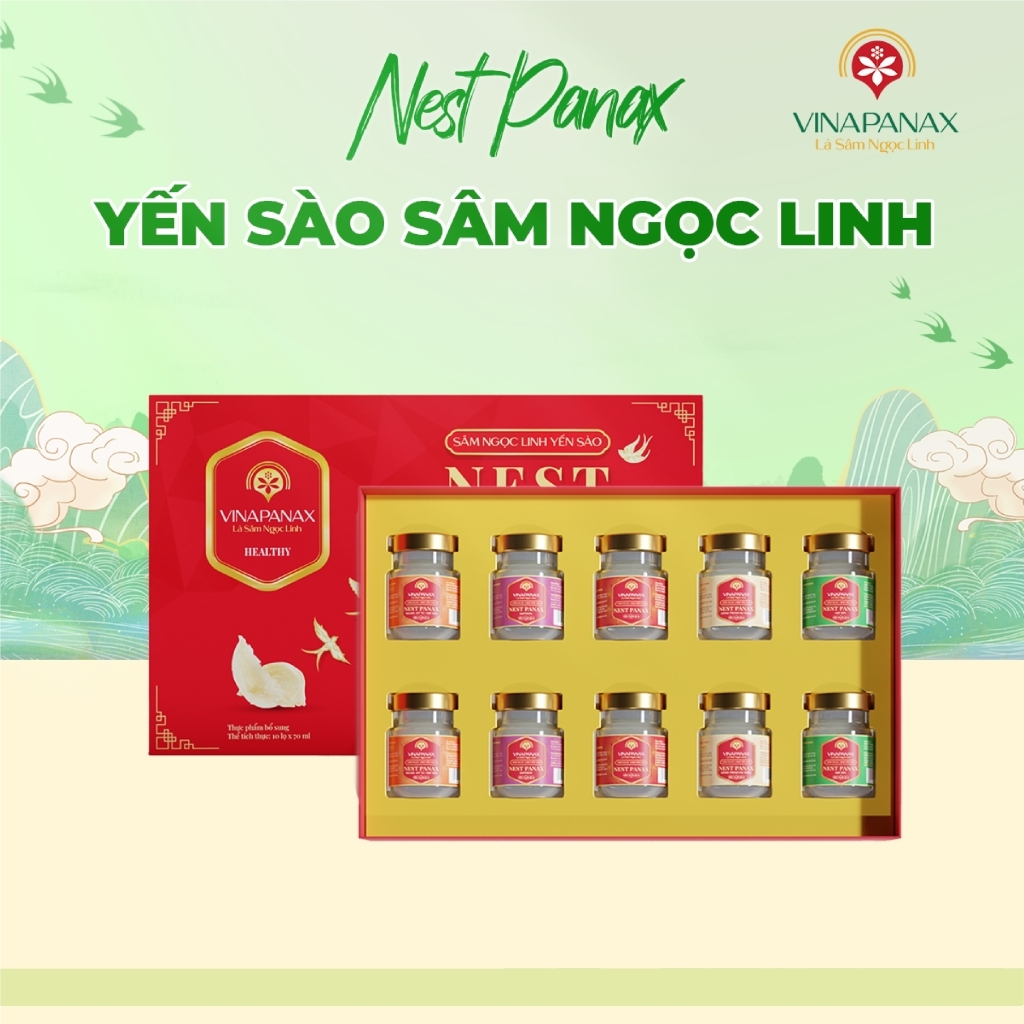 Hộp Quà Tặng Cao Cấp 10 Hũ Yến Sào Sâm Ngọc Linh Nest Panax - Yến Sào Khánh Hòa Chưng Sẵn 35% (10 hũ x70ml)