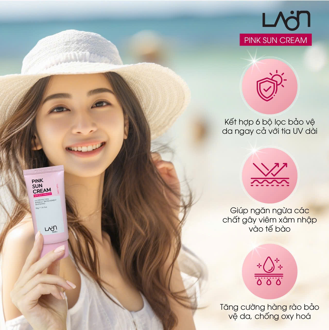 KEM CHỐNG NẮNG PHỔ RỘNG 6 MÀNG LỌC PINK SUN CREAM 3IN1